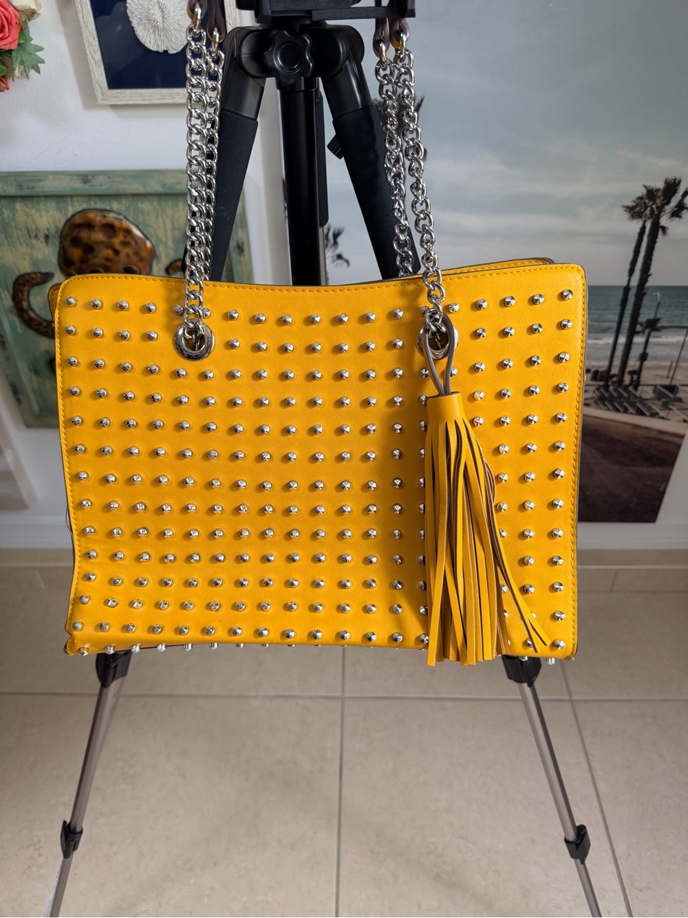 Carlos Santana Yellow Studded Shoulder Bag with Tassel